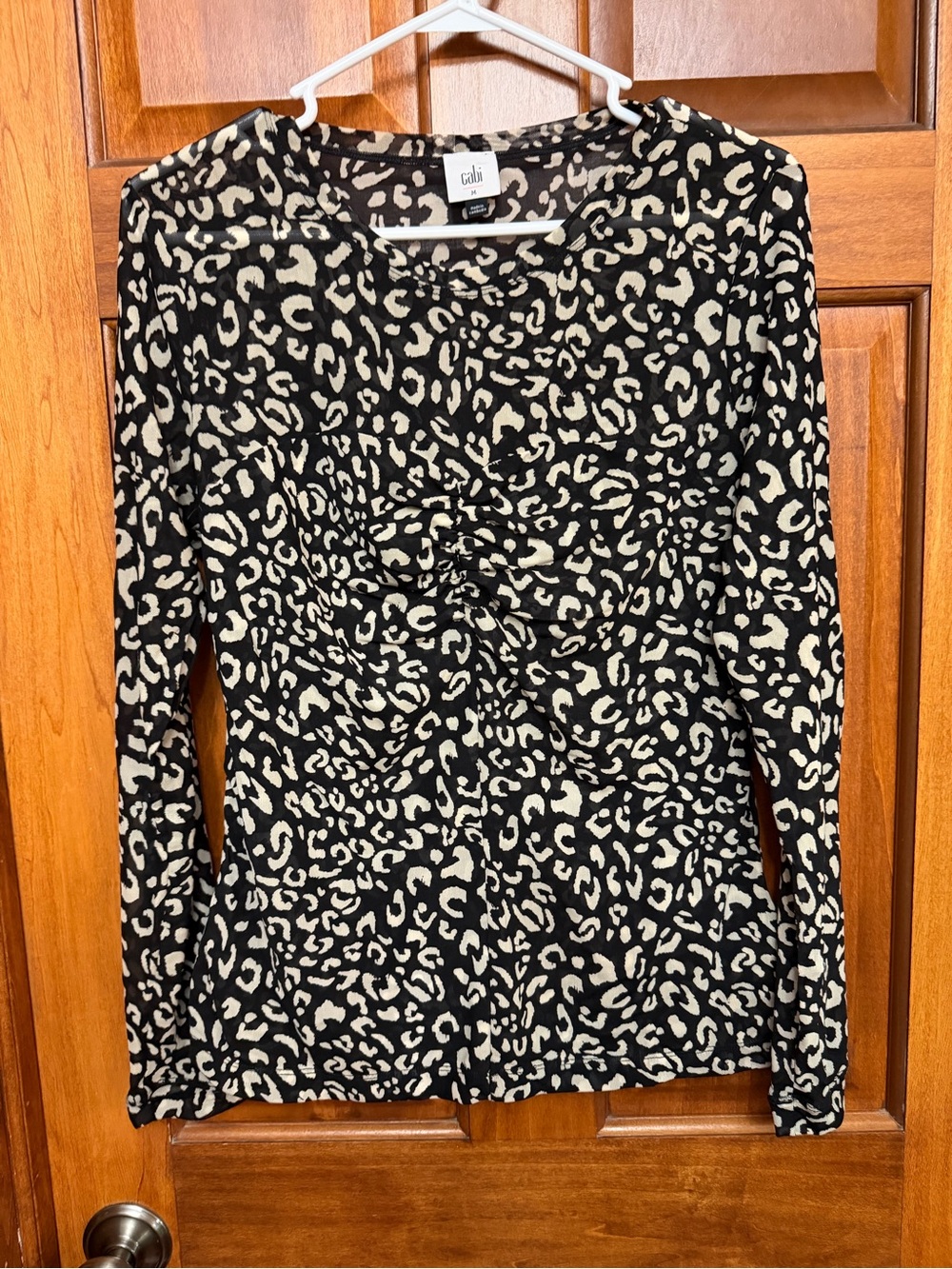 CAbi Womens M Black Beige Animal Print Ruched Scoop Neck Pullover Mesh Stretch